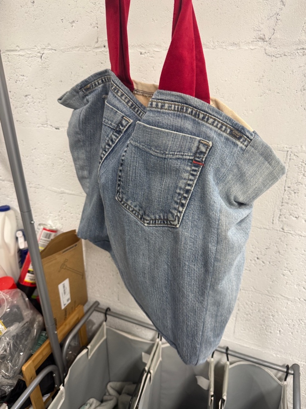 Gucci Upcycled Canvas Tote Red Straps Green Tennis Graphic - Denim Pockets - Picture 5 of 7